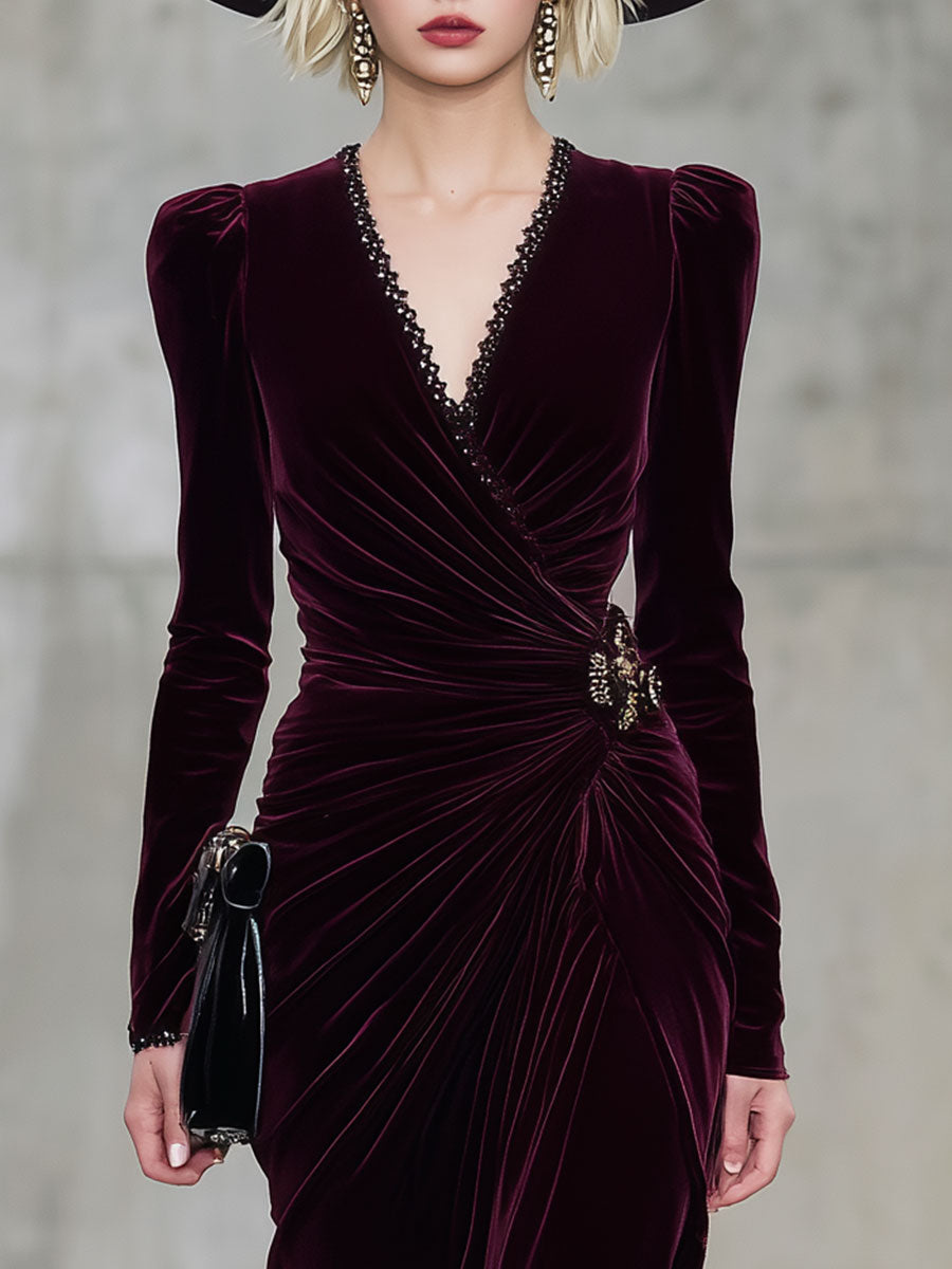 Vintage Burgundy V-Neck Velvet Long-Sleeved Midi Dress