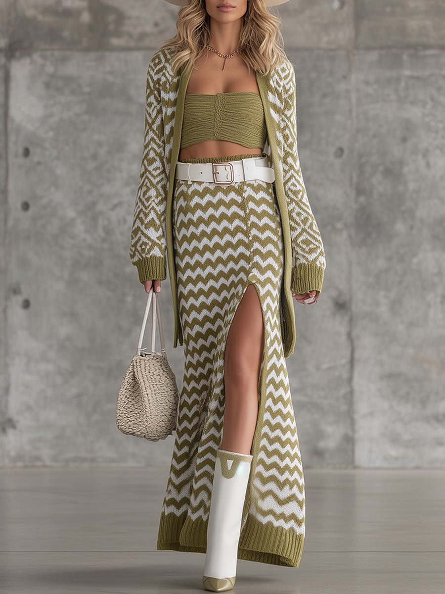 Classic And Fashionable Knitted Cardigan Long Skirt Set
