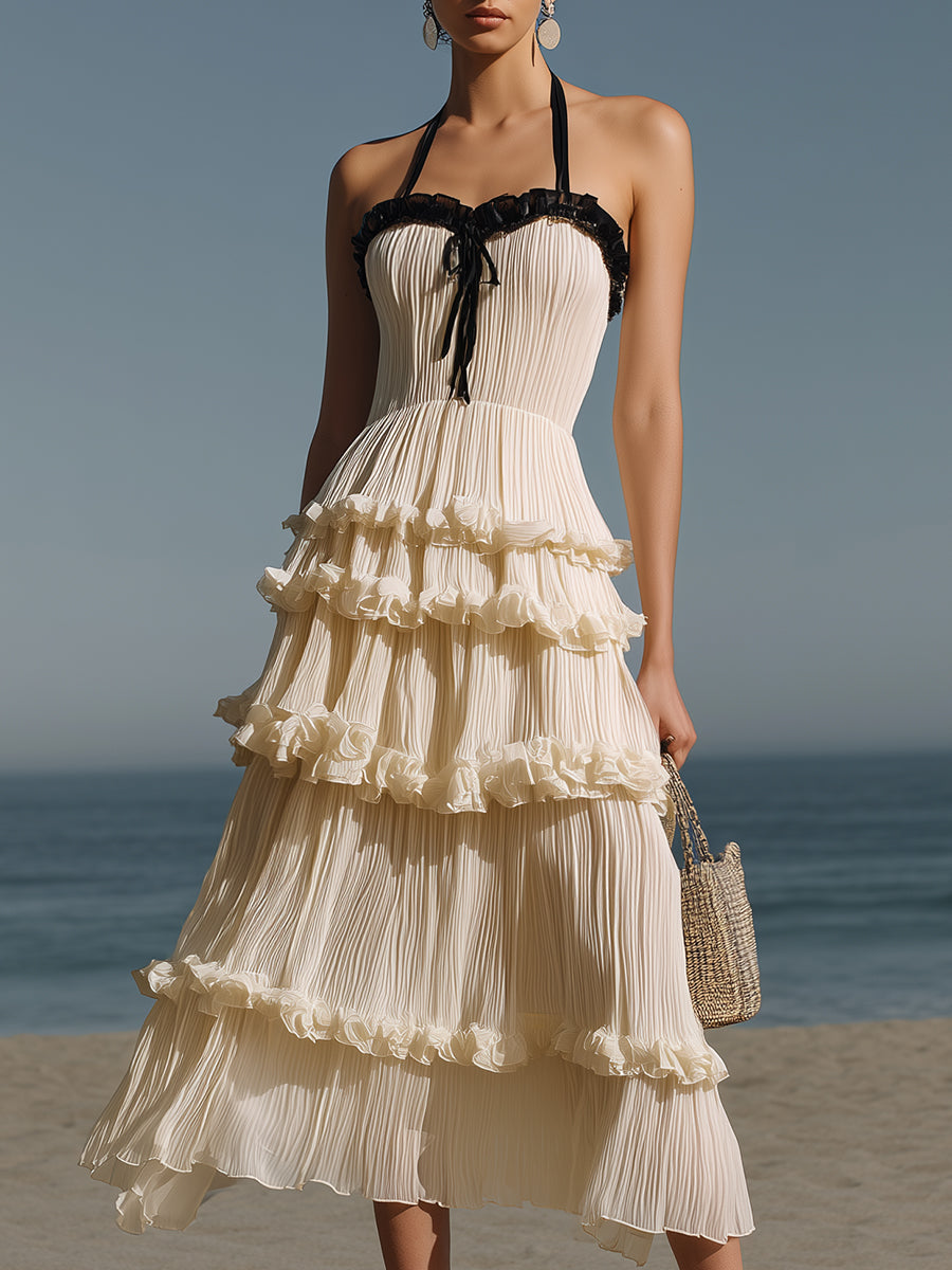 French Romantic Style Off-white Pleated Chiffon Halter Neck Ruffle Midi Dress