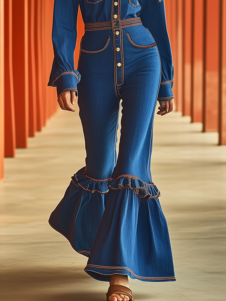 Vintage Blue Denim Topstitched Long Sleeve Ruffled Flared Jumpsuit
