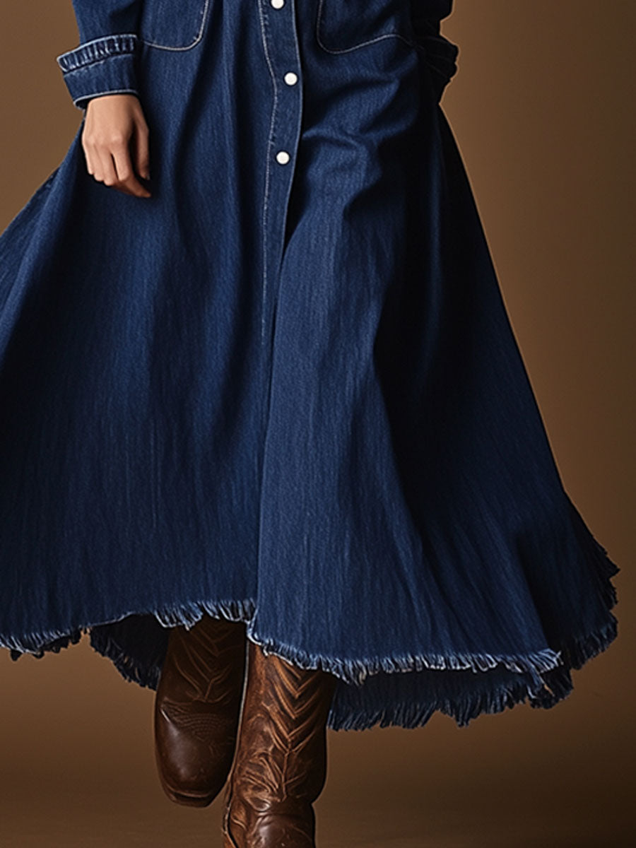 Vintage Lace-Up Navy Denim Multi-Pocket Long Sleeve Raw Edge Maxi Dress