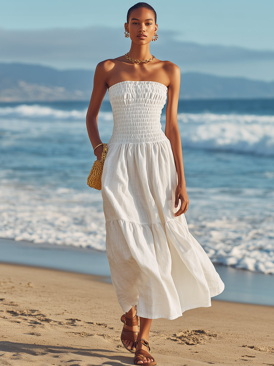 Casual Vacation White Cotton And Linen Strapless Midi Dress