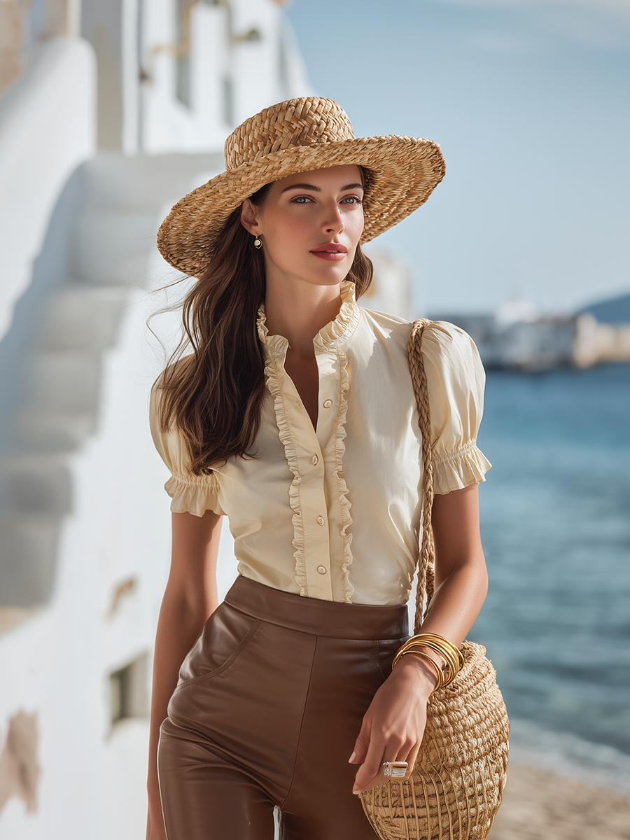 Retro Vacation Style Ruffled Short-sleeved Off-white Satin Top