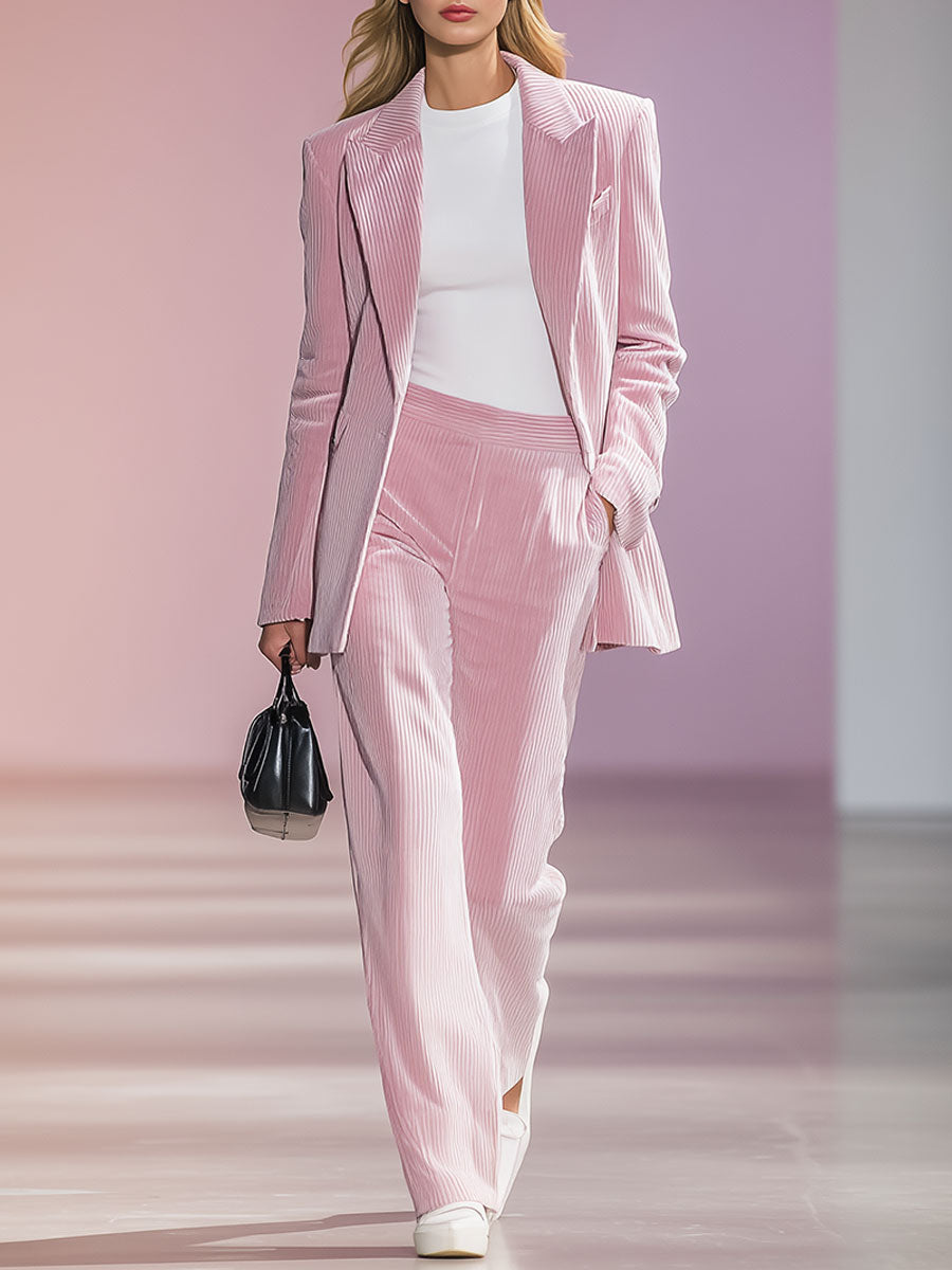 Retro Fashion Pink Lapel Corduroy Suit Jacket And Wide-Leg Pants Two-Piece Set