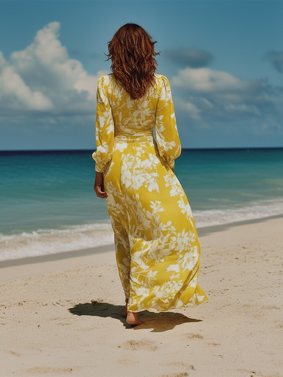 V-neck Long-sleeved Satin Printed Maxi Dress