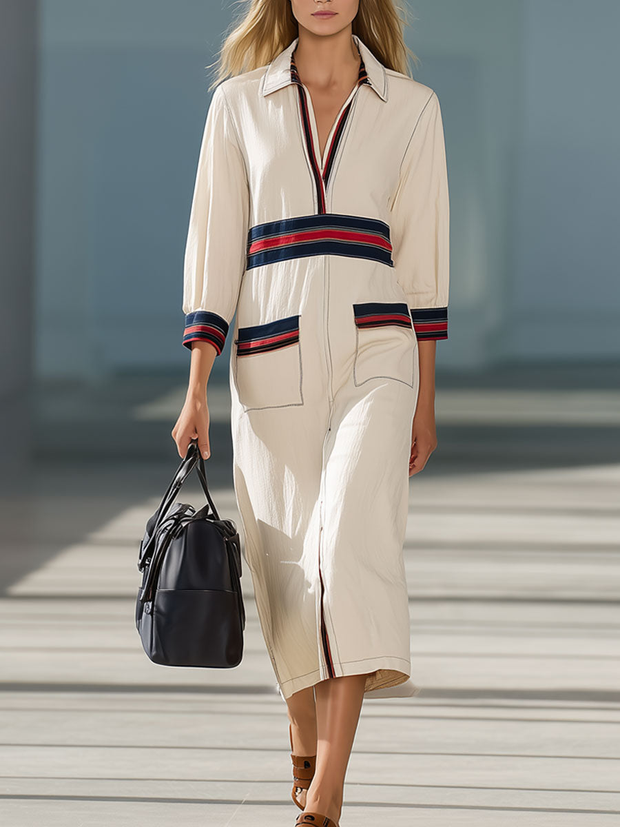 Fashionable And Casual Off-White Lapel Red And Blue Striped Three-Quarter Sleeve Midi Dress