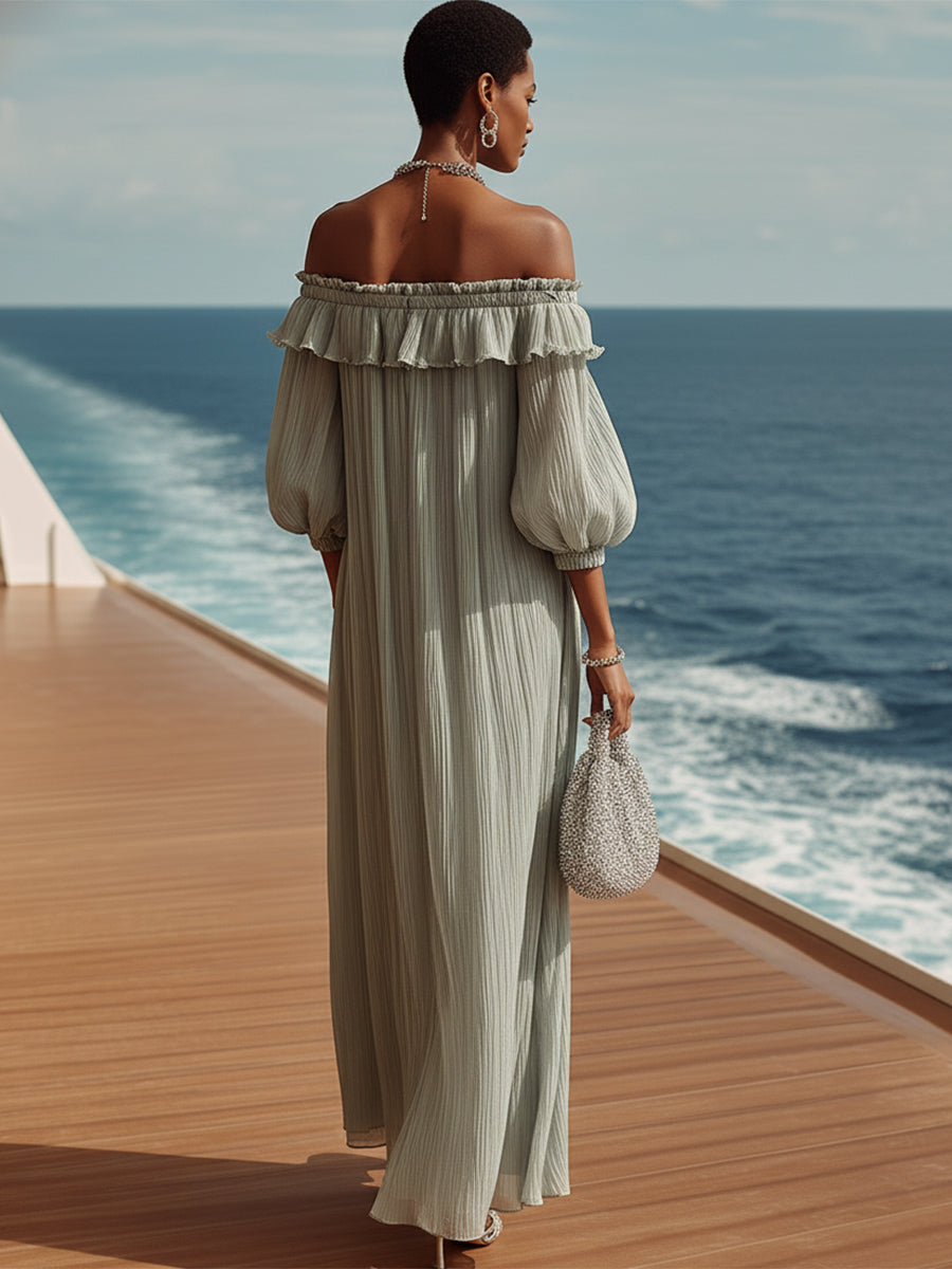 Vacation Casual Grey Crepe Chiffon Off-shoulder Maxi Dress