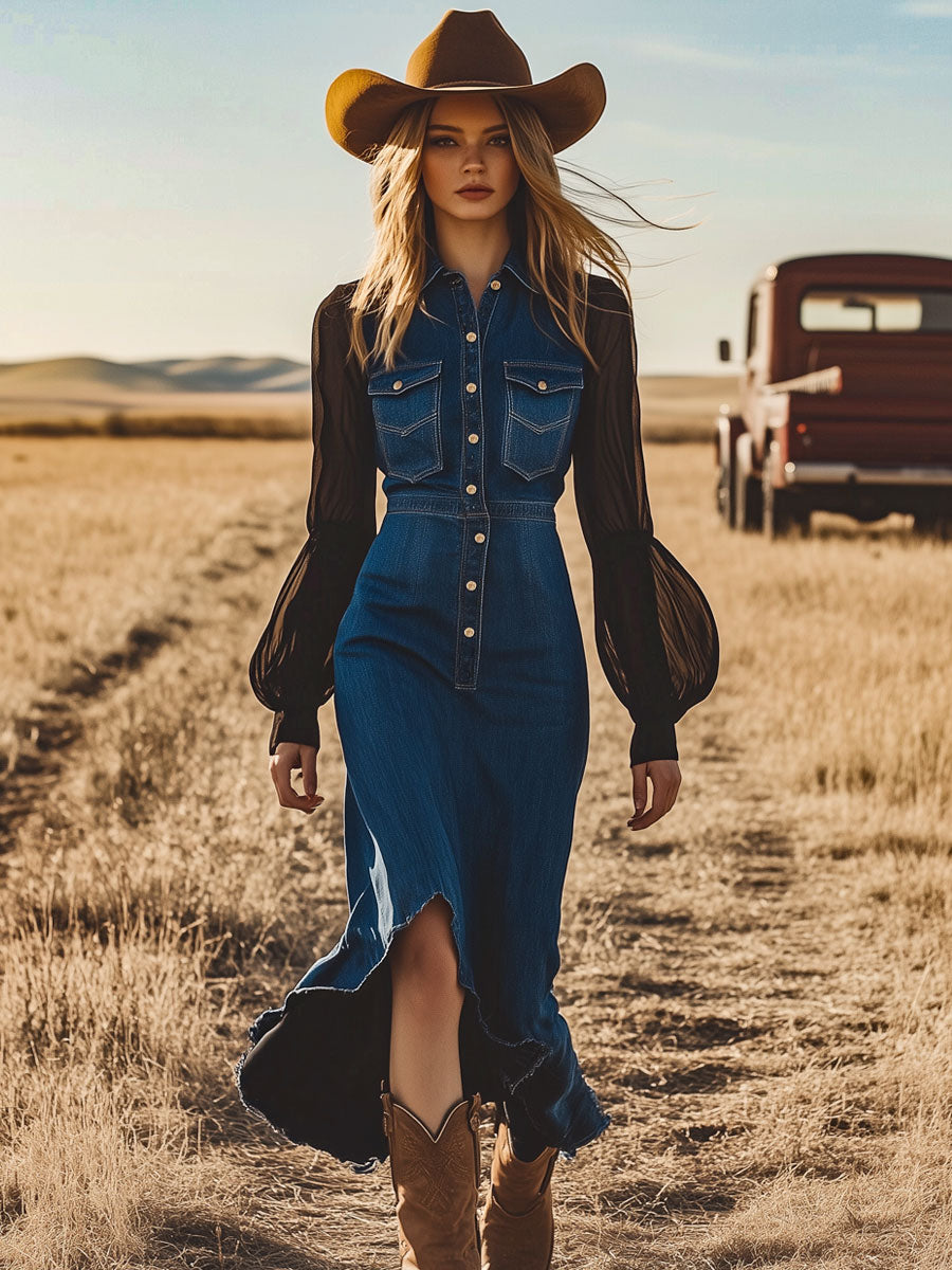 Vintage Dark Blue Denim Chiffon Long Sleeve Raw Edge Midi Dress