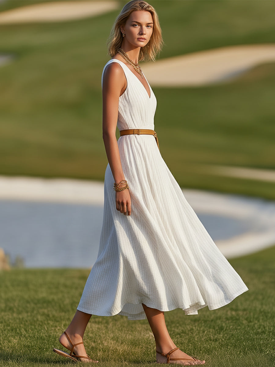Elegant Resort-style Striped White Cotton V-neck Sleeveless Midi Dress