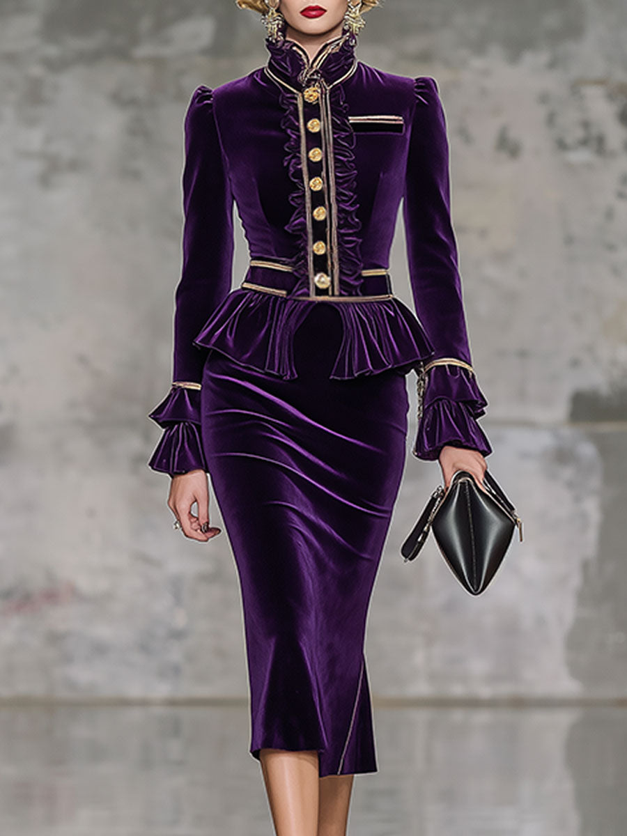 High-End Retro Purple Velvet Midi Skirt Suit