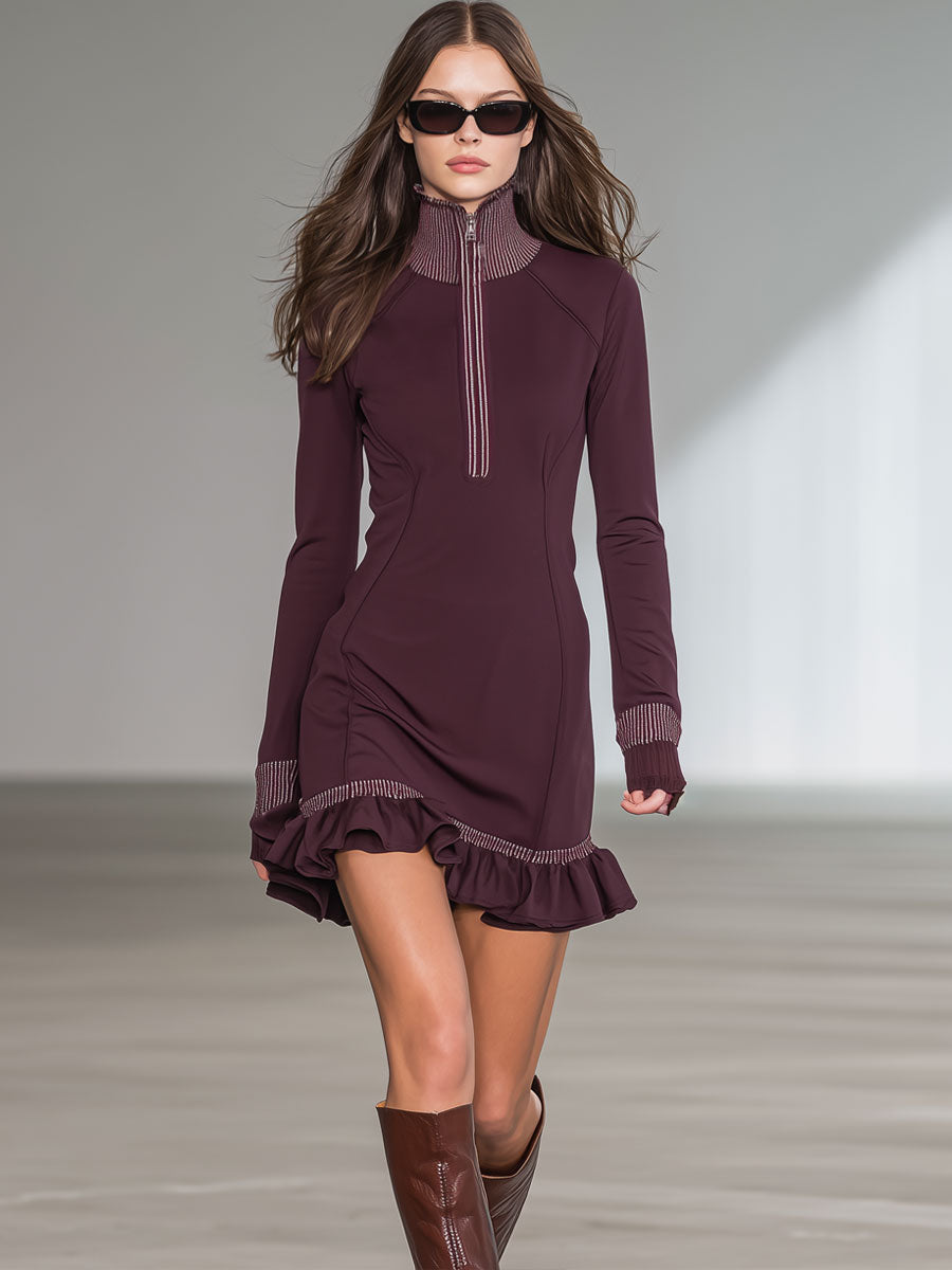 Casual Sports Burgundy Stand-Up Collar Striped Ruffled Long-Sleeved Mini Dress