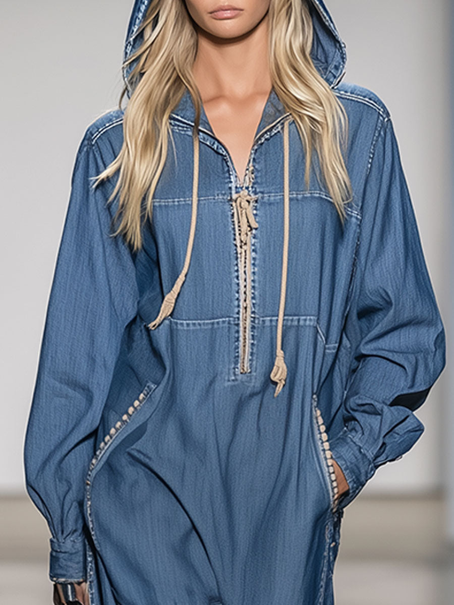 Vintage Blue Denim Long Sleeve Hooded Zipper Maxi Dress