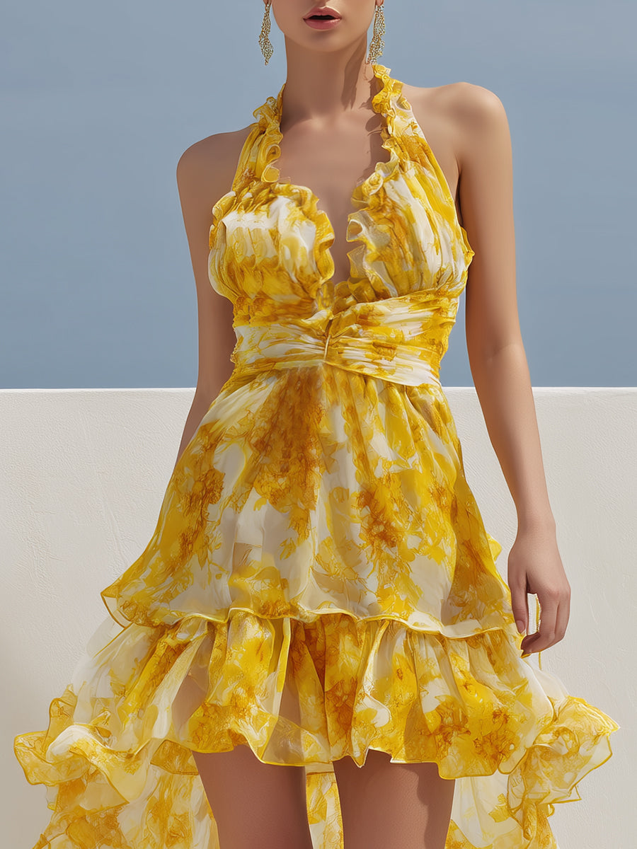 Luxury Resort Sunflower Yellow Watercolor Print Chiffon Ruffled High-low Maxi Dress