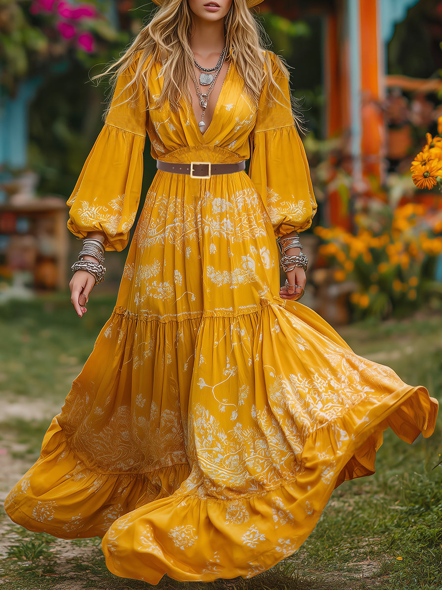 Vibrant Vacation V-neck Yellow Printed Long-sleeved Mini Dress