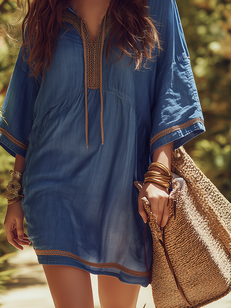 Casual Vacation Style Brown Woven Strap Long-sleeved Tencel Mini Dress