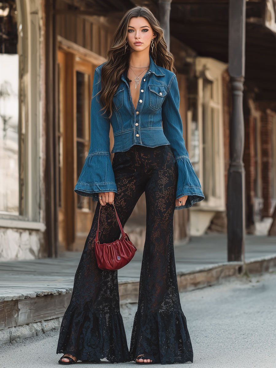 Retro Bohemian Black Lace Flared Pants