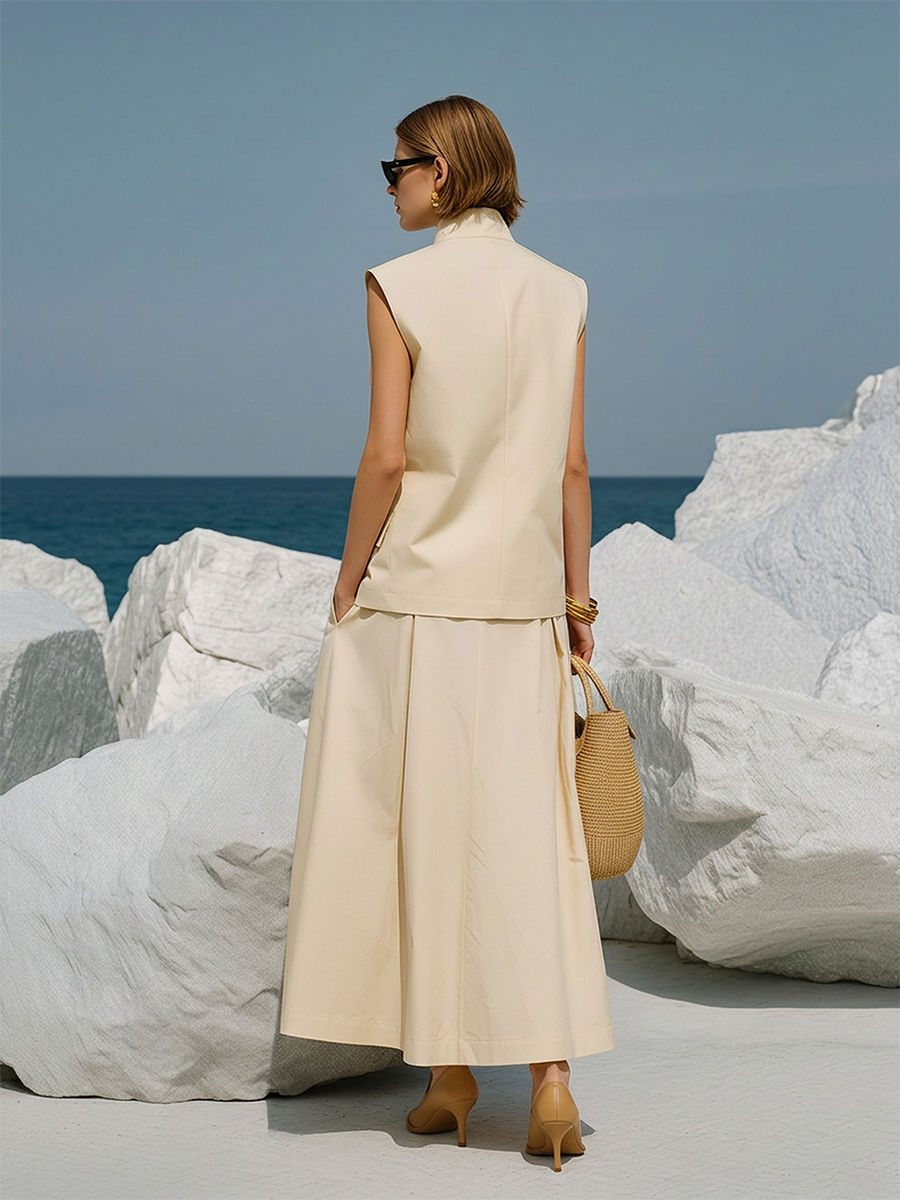 Stylish Classic Accordion Pocket Sleeveless Top And Skirt Set