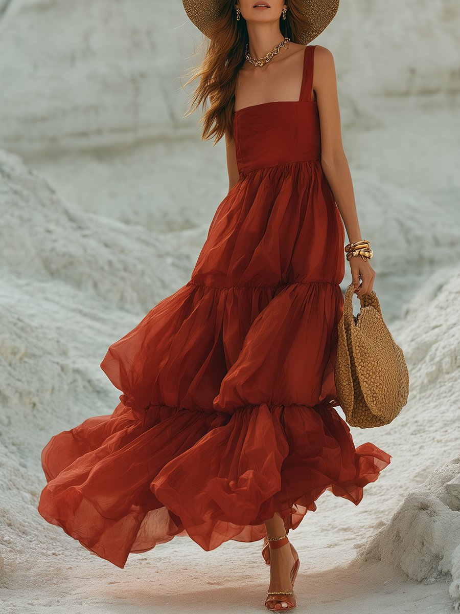Stylish Bohemian Wide Shoulder Straps Red Sheer Maxi Dress