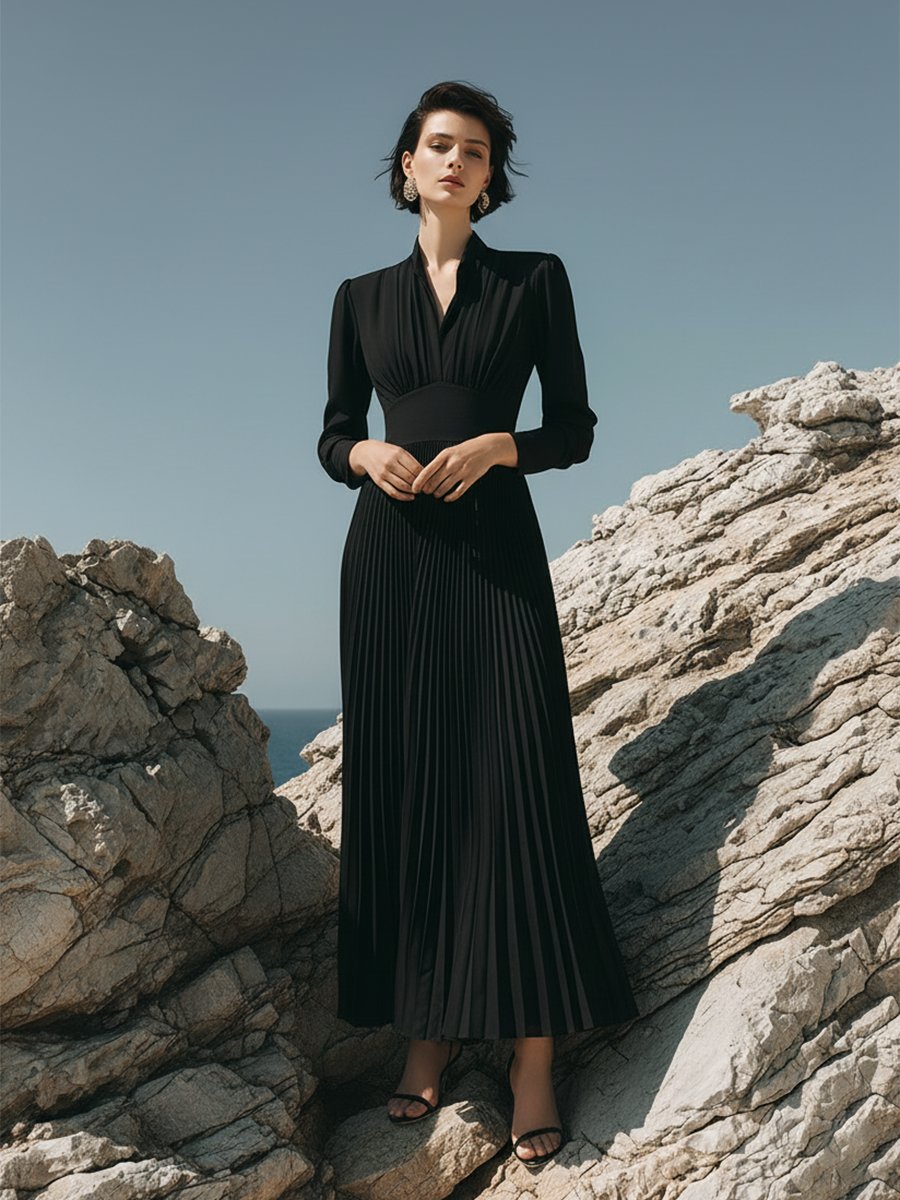 Elegant And Stylish V-neck Pleated Hem Black Maxi Dress