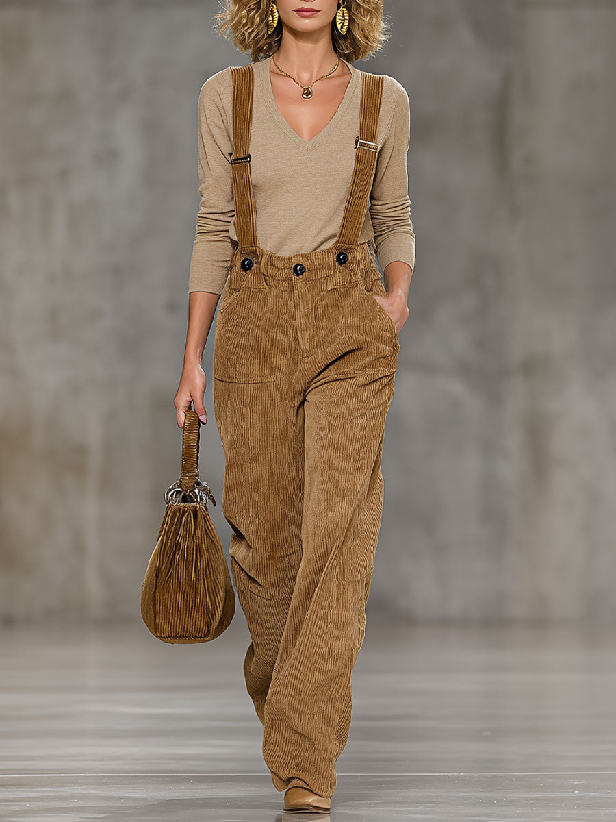 Casual And Fashionable Light Brown Corduroy Adjustable Overalls