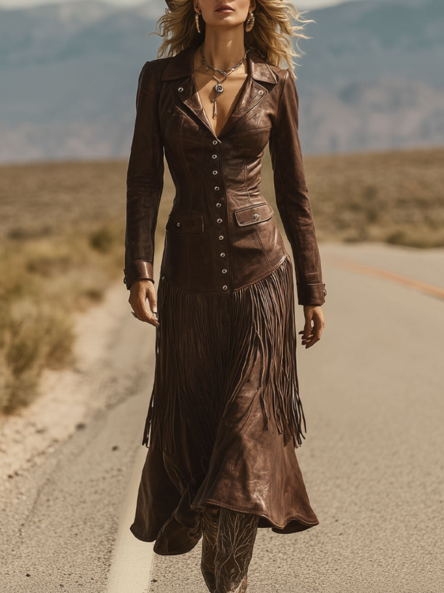 Western Retro Chocolate Brown Eco-Leather Lapel Tassel Midi Dress