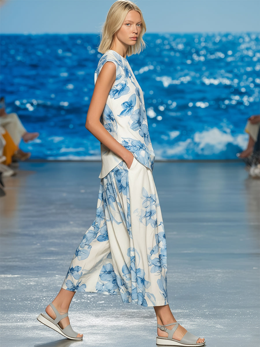 Simple And Elegant White Orchid Floral Print Satin Sleeveless Top And Wide-leg Pants Set