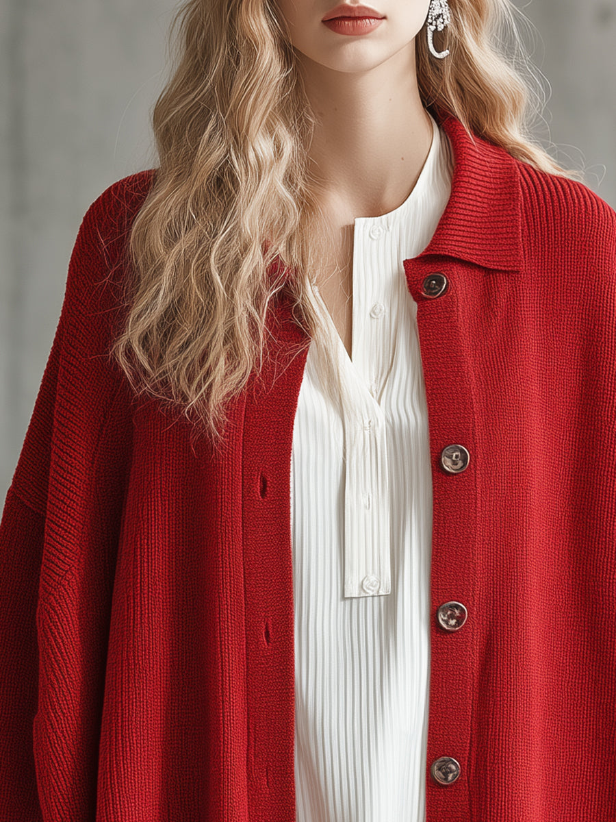 Simple And Fashionable Lapel Red Knitted Cardigan
