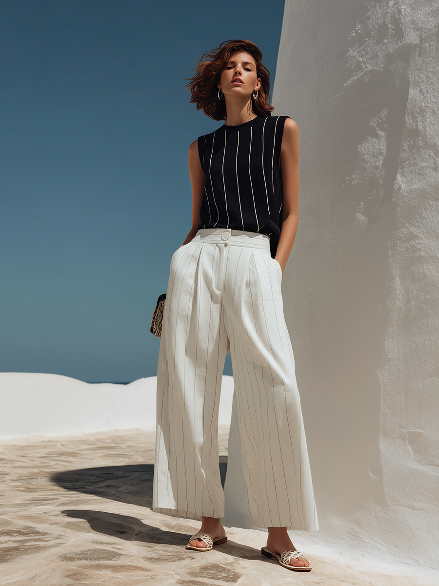 Resort-style Black And White Striped Sleeveless Top And Wide-leg Pants Set