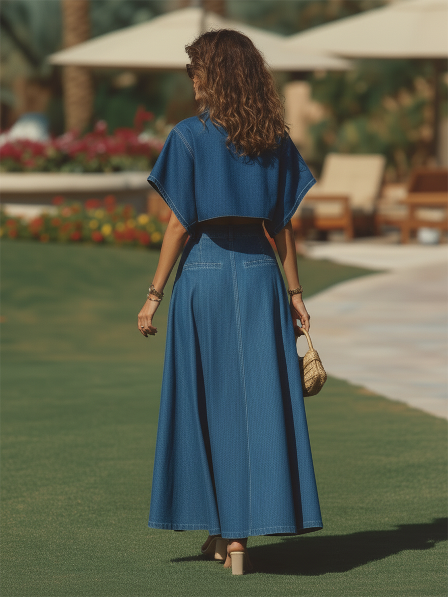 Vacation-style Denim Long-sleeved Top And Skirt Set