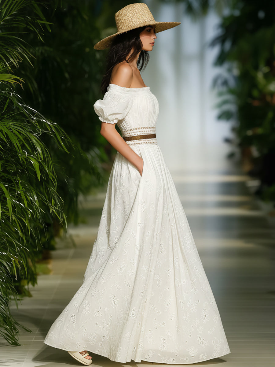 Elegant White Cotton Lace Off-shoulder Puff Sleeve Maxi Dress