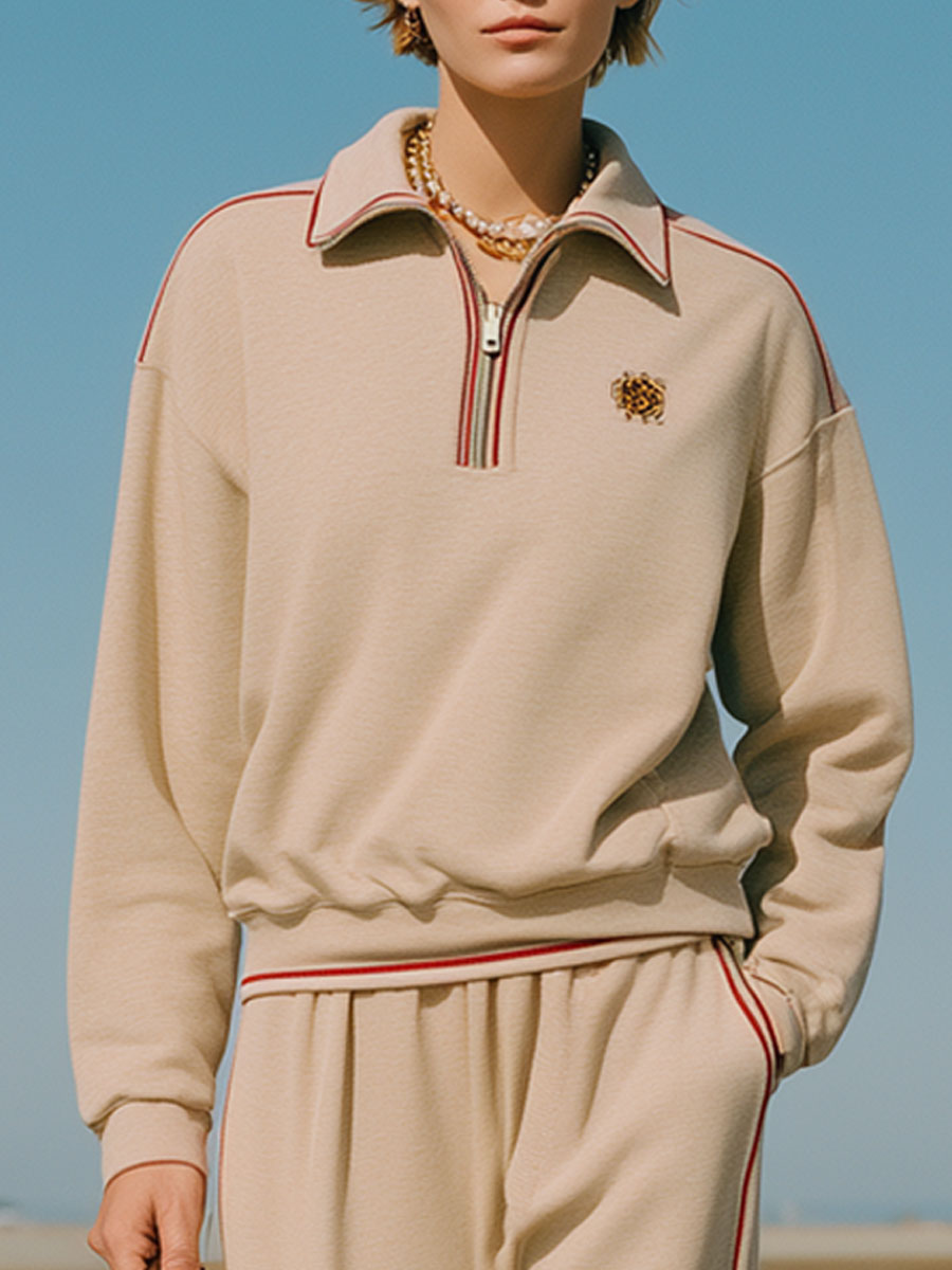 Vintage Long Sleeve Striped Trim Khaki Henley Sweatshirt Pants Set