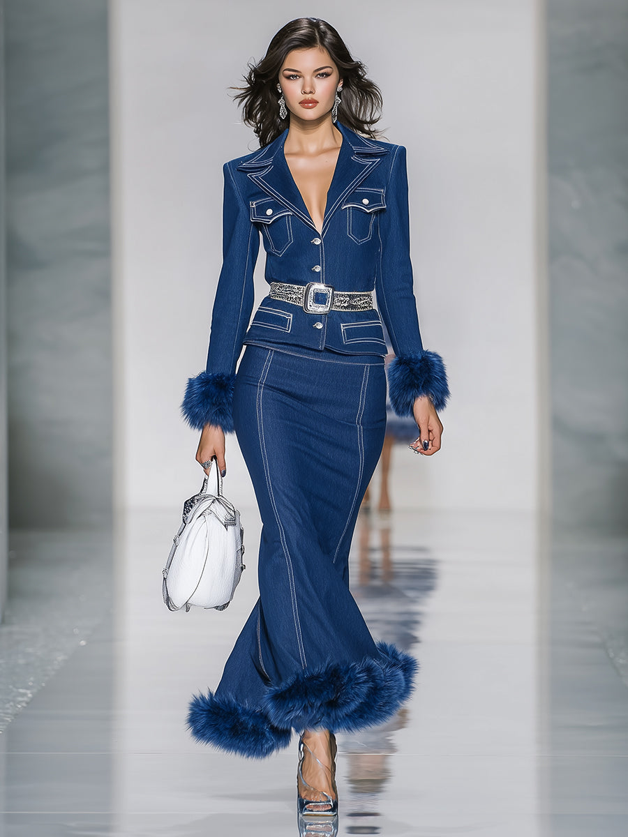 Blue Button-down Jacket And Skirt With Fur Suit