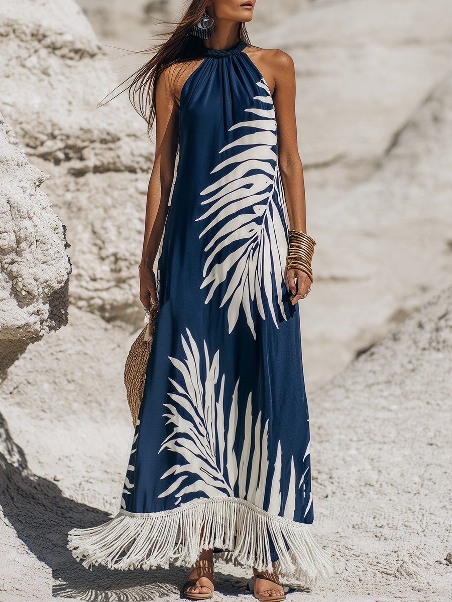 Bohemian Braided Neckline White Print White Fringed Hem Dark Blue Satin Maxi Dress