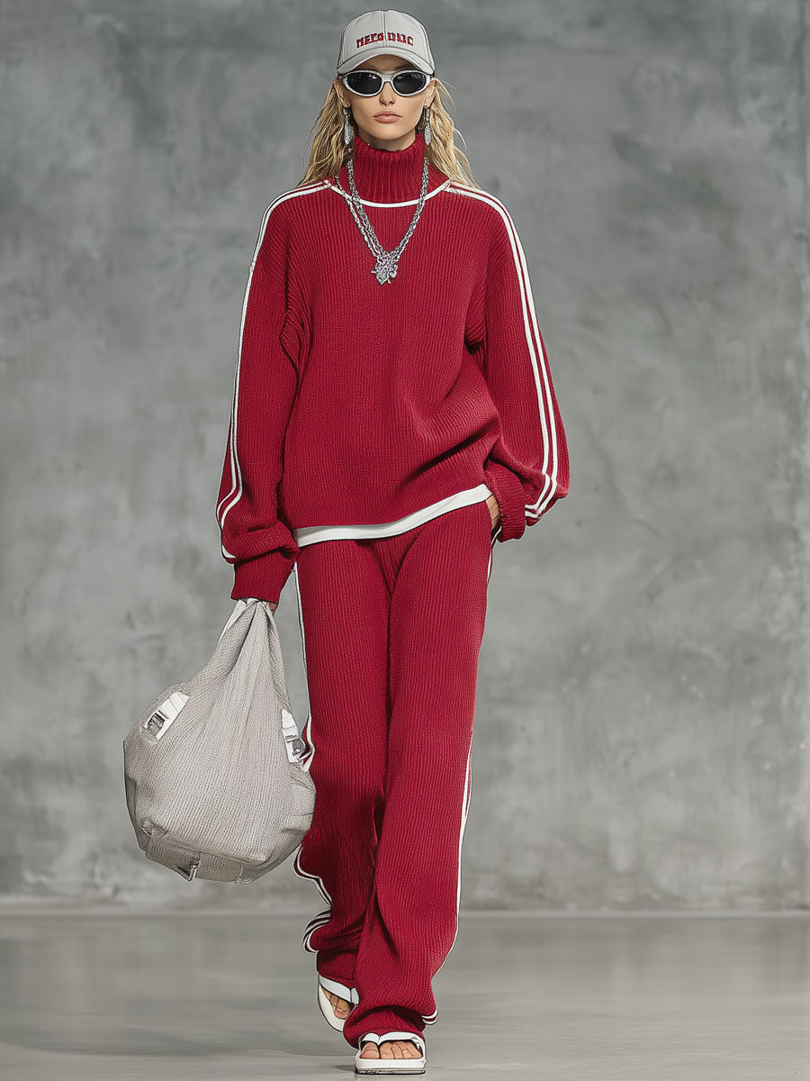 Casual Retro Striped Red Turtleneck Sweater Wide-Leg Pants Set