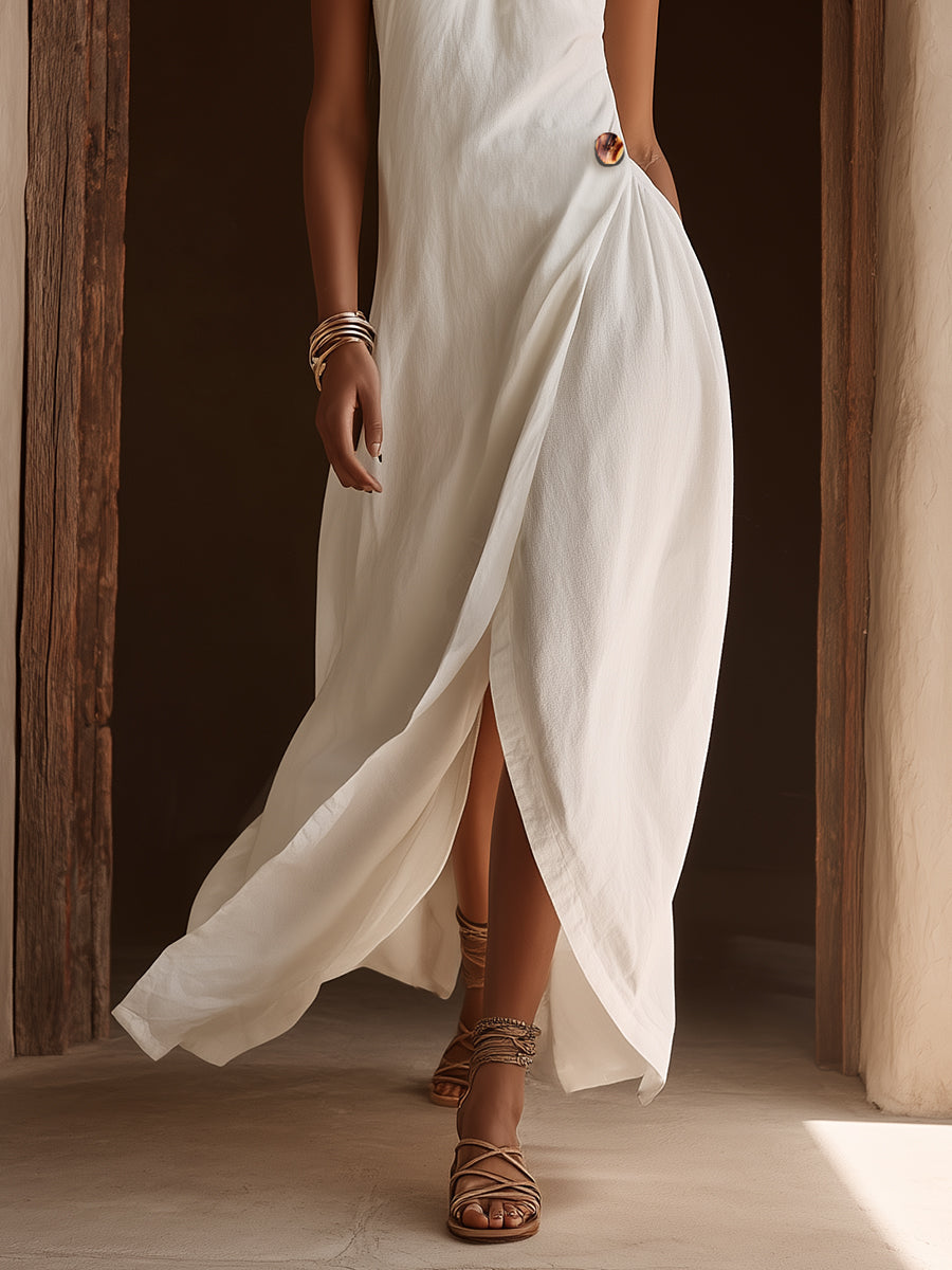 Casual Vacation White Halter Neck Button-decorated Sleeveless Slit Midi Dress