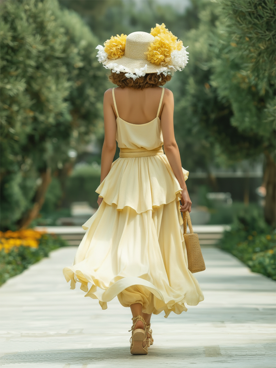 Vacation-style Yellow Spaghetti Strap Cotton Top And Chiffon Trousers Set.