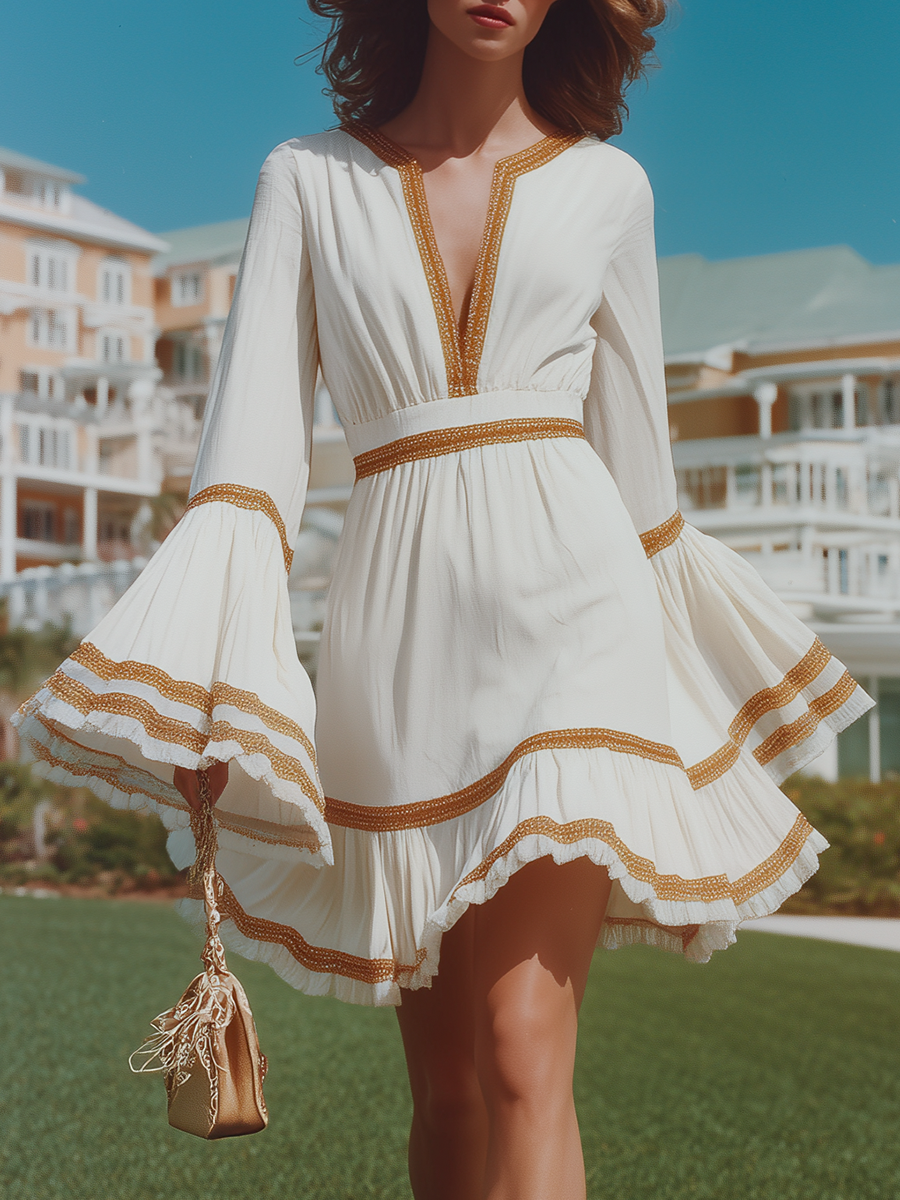 Vacation-style Cotton Long-sleeved Mini Dress
