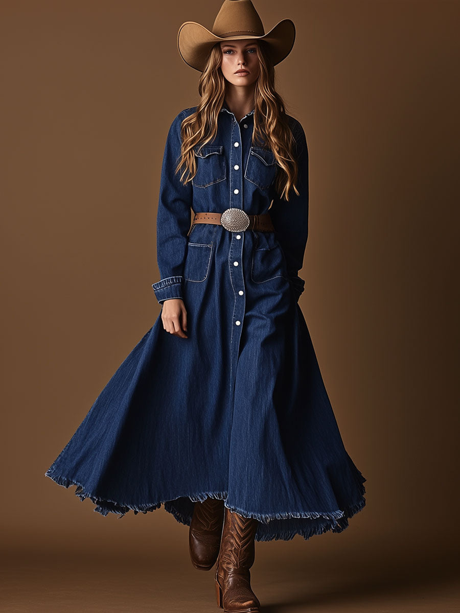 Vintage Lace-Up Navy Denim Multi-Pocket Long Sleeve Raw Edge Maxi Dress