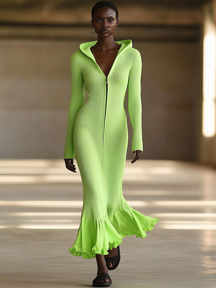 Fashionable Fluorescent Green Knitted Hooded Long-Sleeved Fishtail Maxi Dress