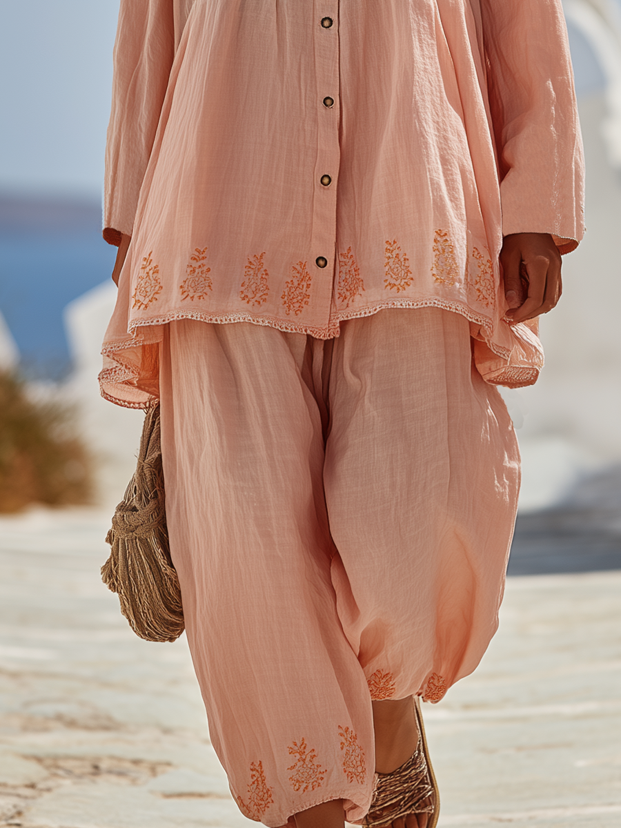 Bohemian Style Pink Embroidered Long-sleeved Shirt And Trousers Set