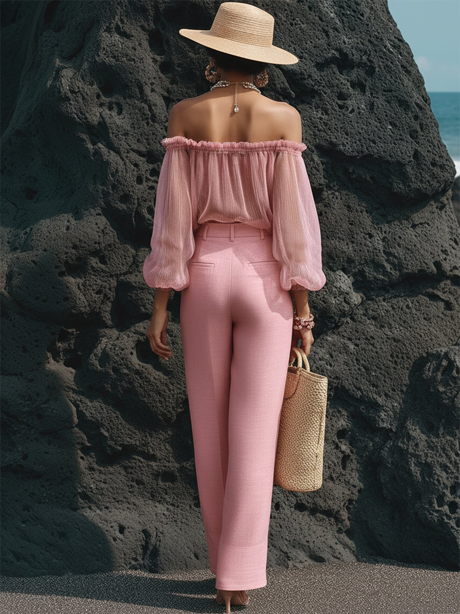 Luxury Resort Style Dusty Rose Pink Chiffon Off-Shoulder Top And Linen Wide-Leg Pants Set