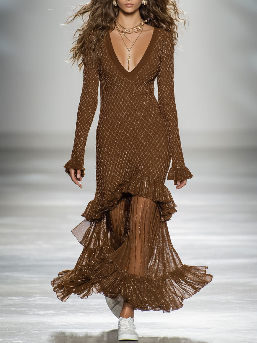 Elegant And Fashionable Brown Diamond Pattern Knitted Splicing Mesh Ruffle Long-Sleeved Maxi Dress