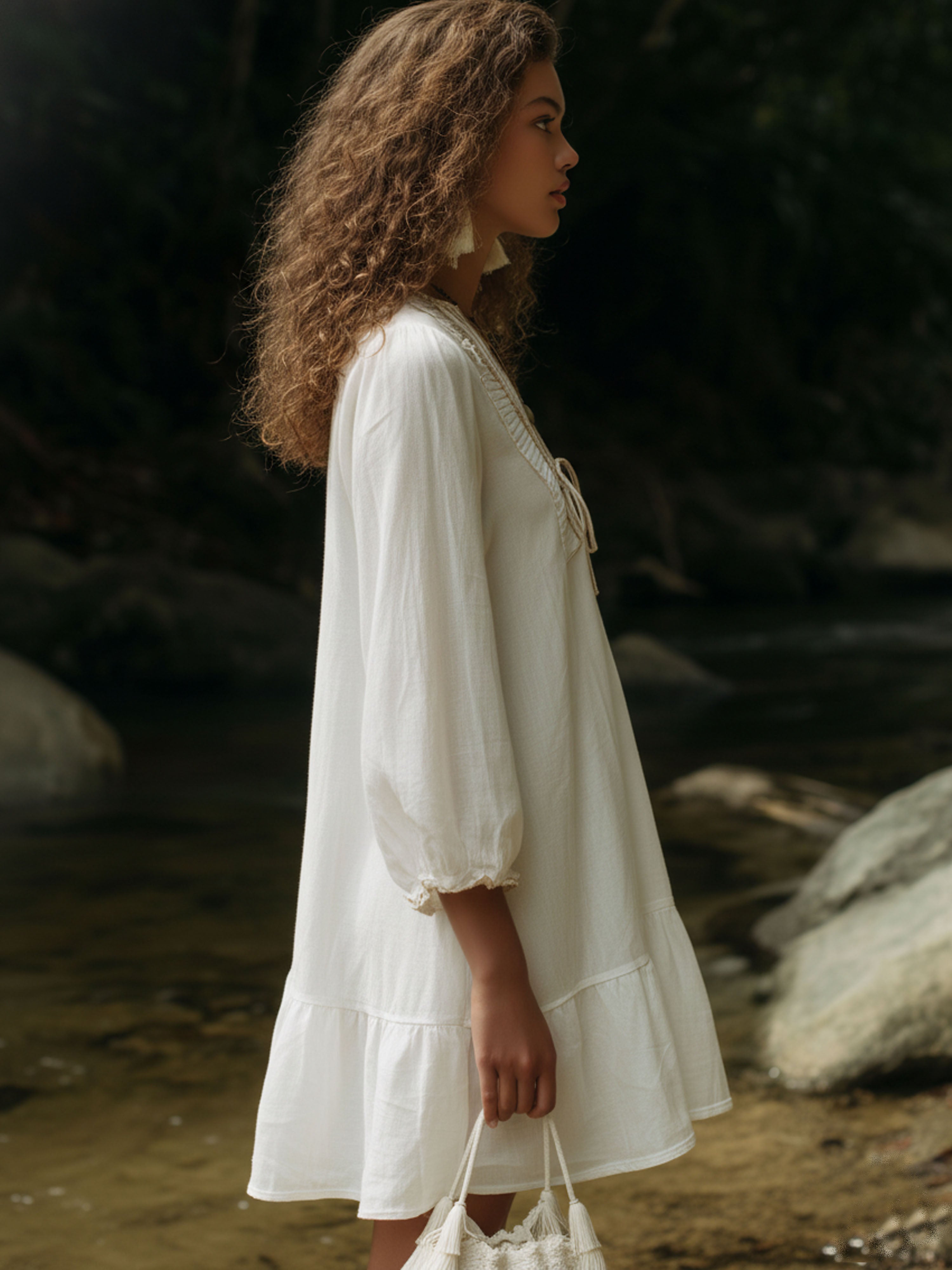 Beach Vacation White Cotton Linen Bubble Sleeve Mini Dress