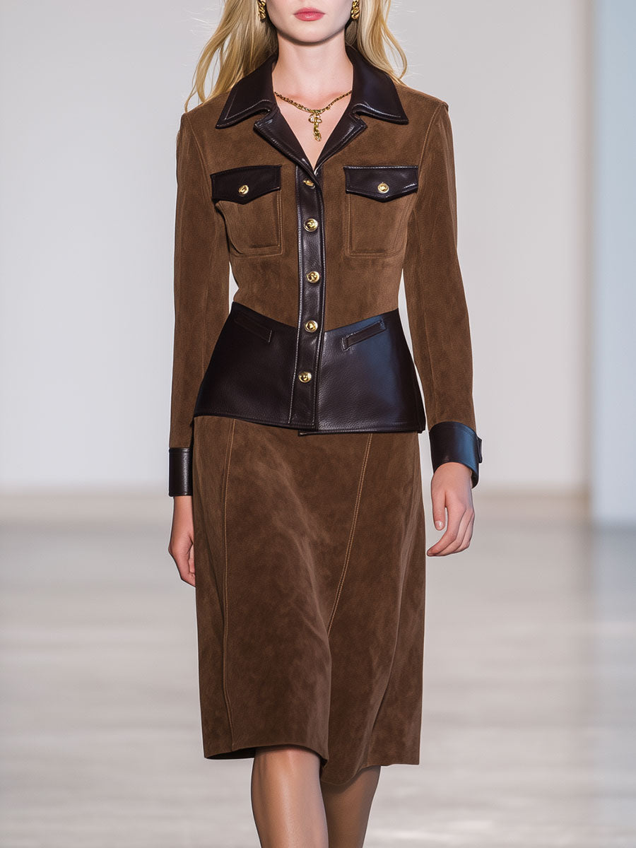Retro Fashion Faux Suede And Faux Leather Brown Midi Skirt Set