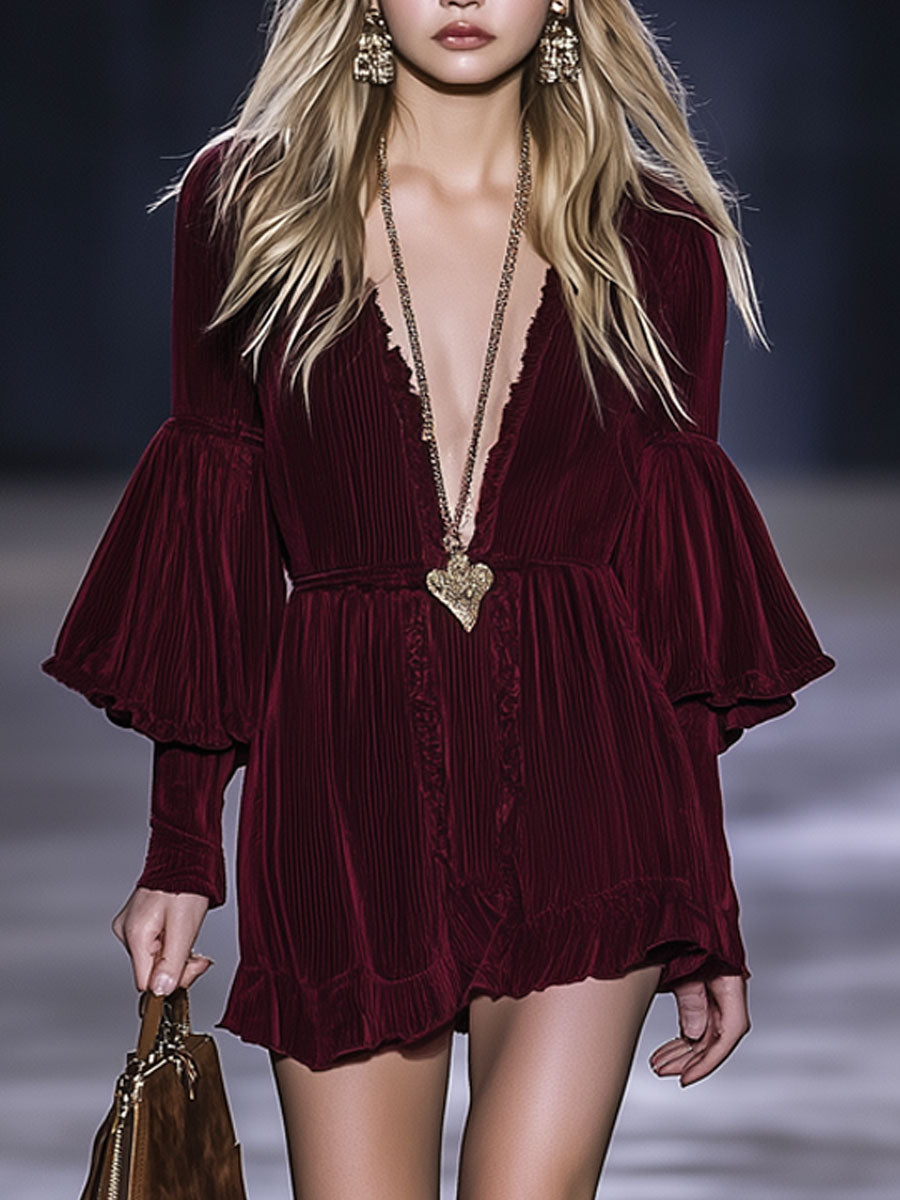 Fashion Retro Wine Red V-Neck Velvet Ruffled Mini Dress