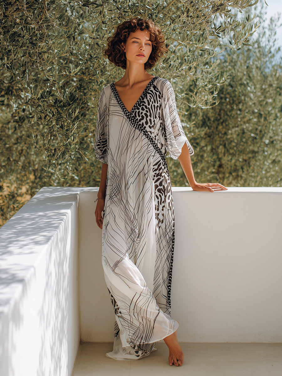 Simple And Stylish V-neck Printed Chiffon Maxi Dress