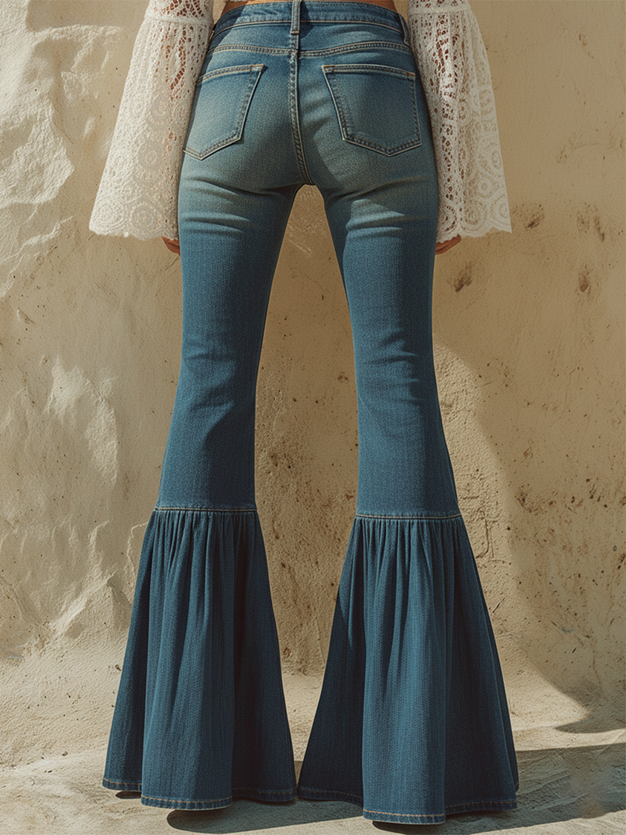 Romantic Bohemian Style Ruffled Denim Flare Pants