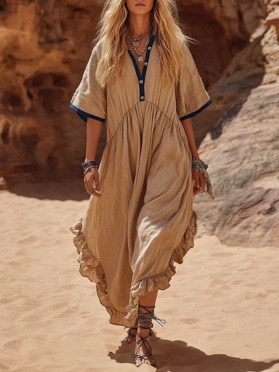 Casual Bohemian Navy Blue Trim Beige Cotton Linen Ruffled Loose Midi Dress