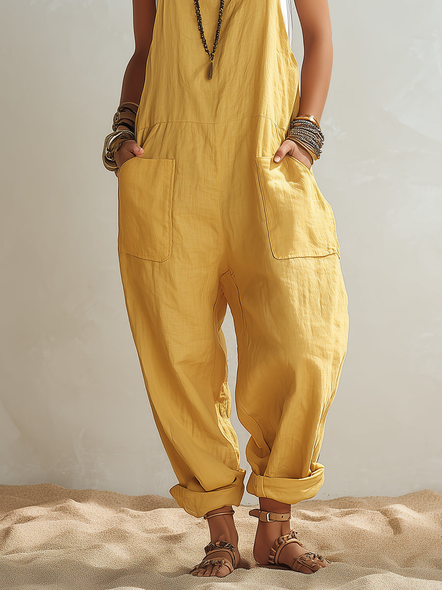 Bohemian Coast Mustard Yellow Cotton Linen Wide-Strap Loose Overalls