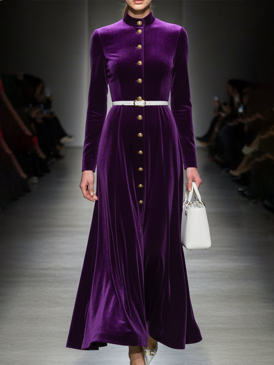 Elegant Purple Velvet Maxi Dress With Gold Buttons